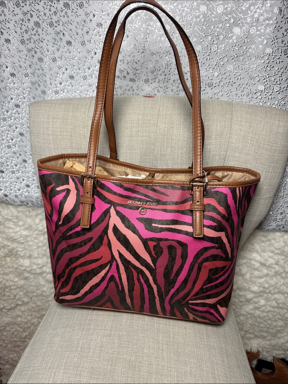 Michael Kors Pink and Brown Zebra-Print Tote
